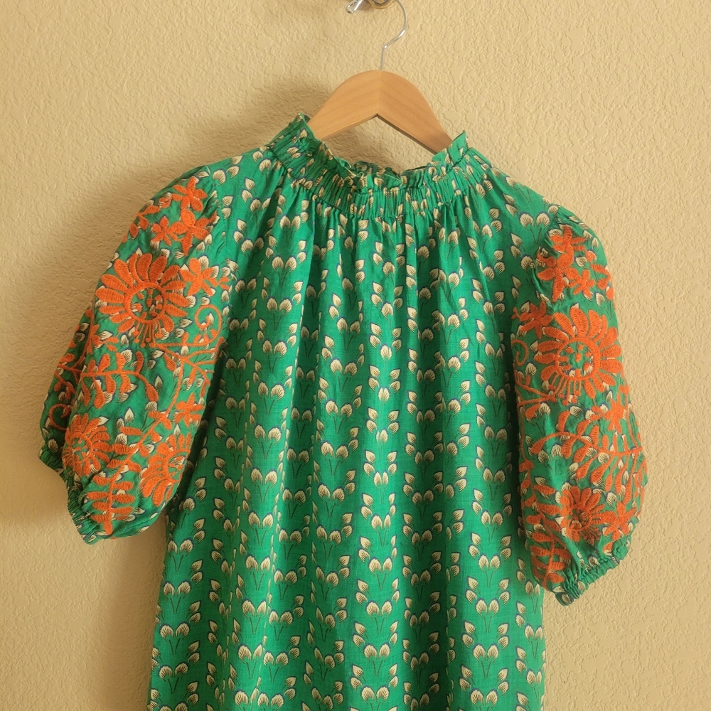 THML Daisy Green Printed top with Orange Embroidered Sleeves